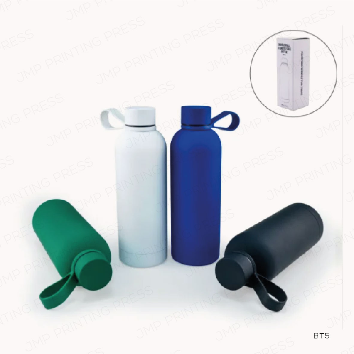 BT-05 STAINLESS STEEL WATER BOTTLES 500ML – DOUBLE WALL, MATTE, RUBBER COATING PRINTING UAE - Image 1