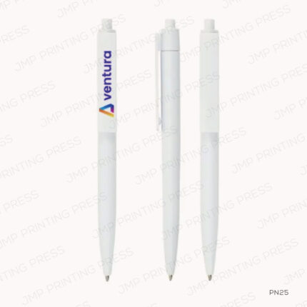 PN25 - PLASTIC PENS – WHITE COLOR, PUSH BUTTON, WIDE CLIP